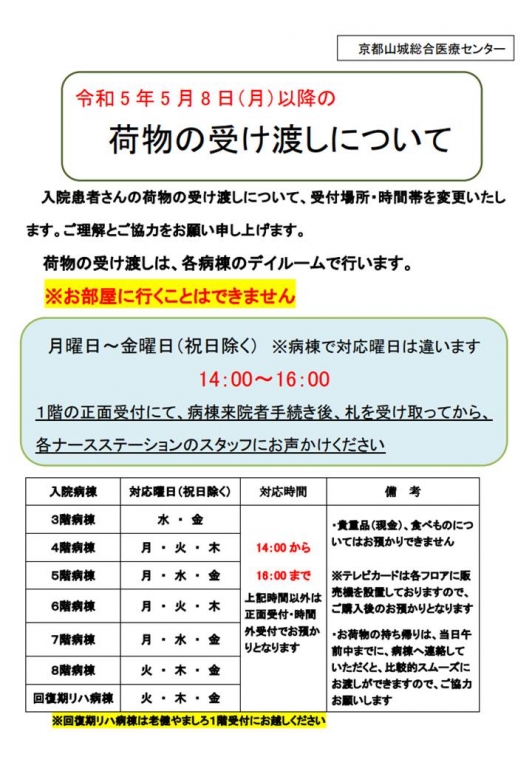 令和5年5月8日以降の荷物受け渡しのご案内